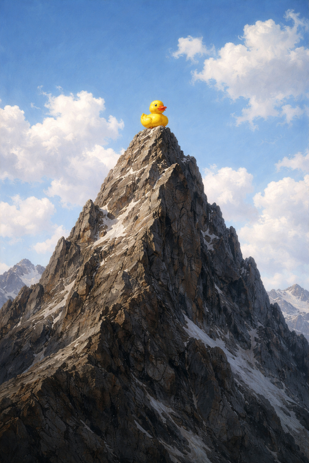 Piece No. 002: A yellow rubber duck perched on a jagged mountain peak — oil painting style