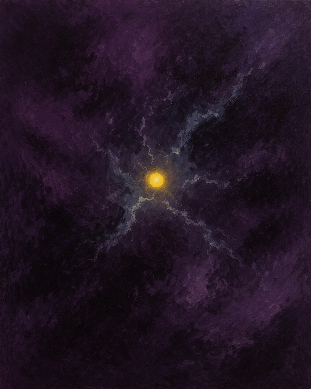 Piece No. 008: A glowing orb in dark purple clouds — oil painting style
