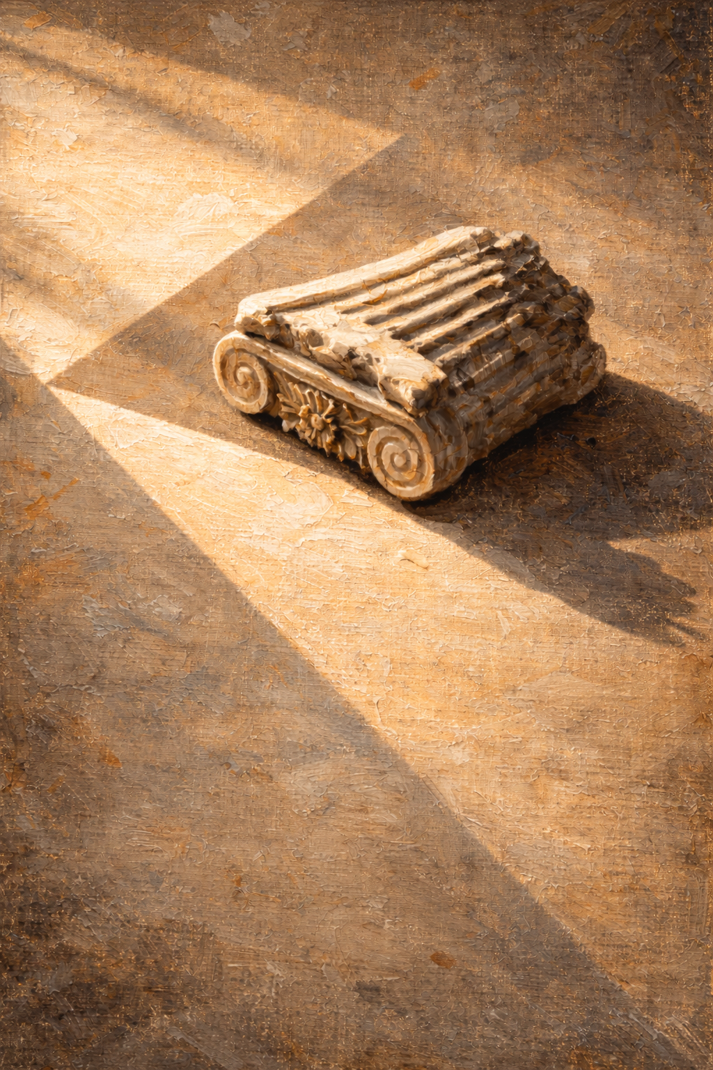 Piece No. 014: Fallen Ionic column capital in warm golden light
